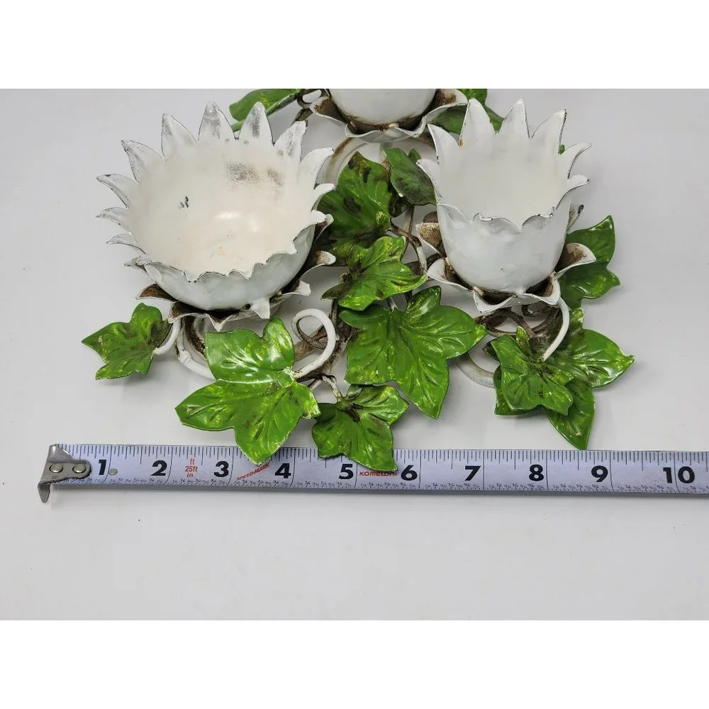 Vintage Painted Metal Flower‎ And Leaves Metal Candle Holder